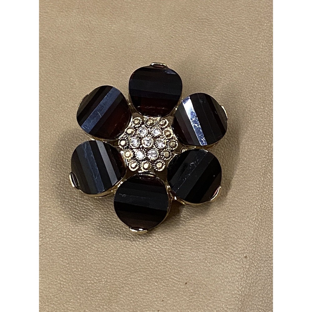 Gold Tone Red CZ & Rhinestone Flower Gardenia Flower Brooch Pin Nature Garden